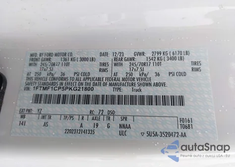 2023 Ford F-150 Xl z USA, uszkodzony, nr VIN 1FTMF1CP5PKG21800